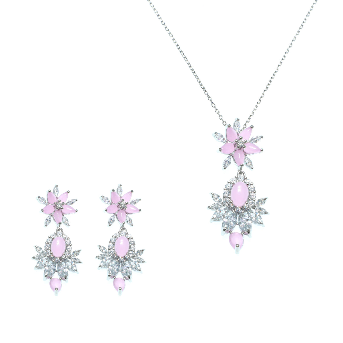 طقم مجوهرات كريستالي زهري اللون لون وردي فاتح Blush Pink Floral Crystal Jewelry Set