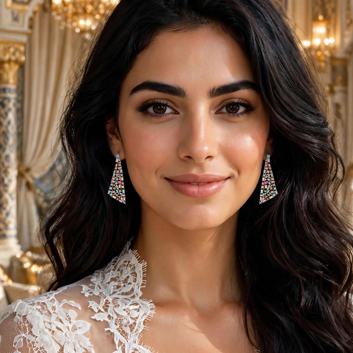 حلق مجوهرات فاخر كبير باحجار الزركون الكيوبك الابيض والملونة Large, luxurious earrings featuring white and colored cubic zircon stones.