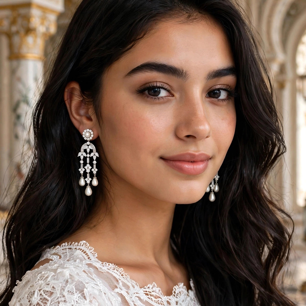 أقراط متدلية مرصعة باللؤلؤ وأحجار الزركون Pearl & Zircon stone Chandelier Earrings