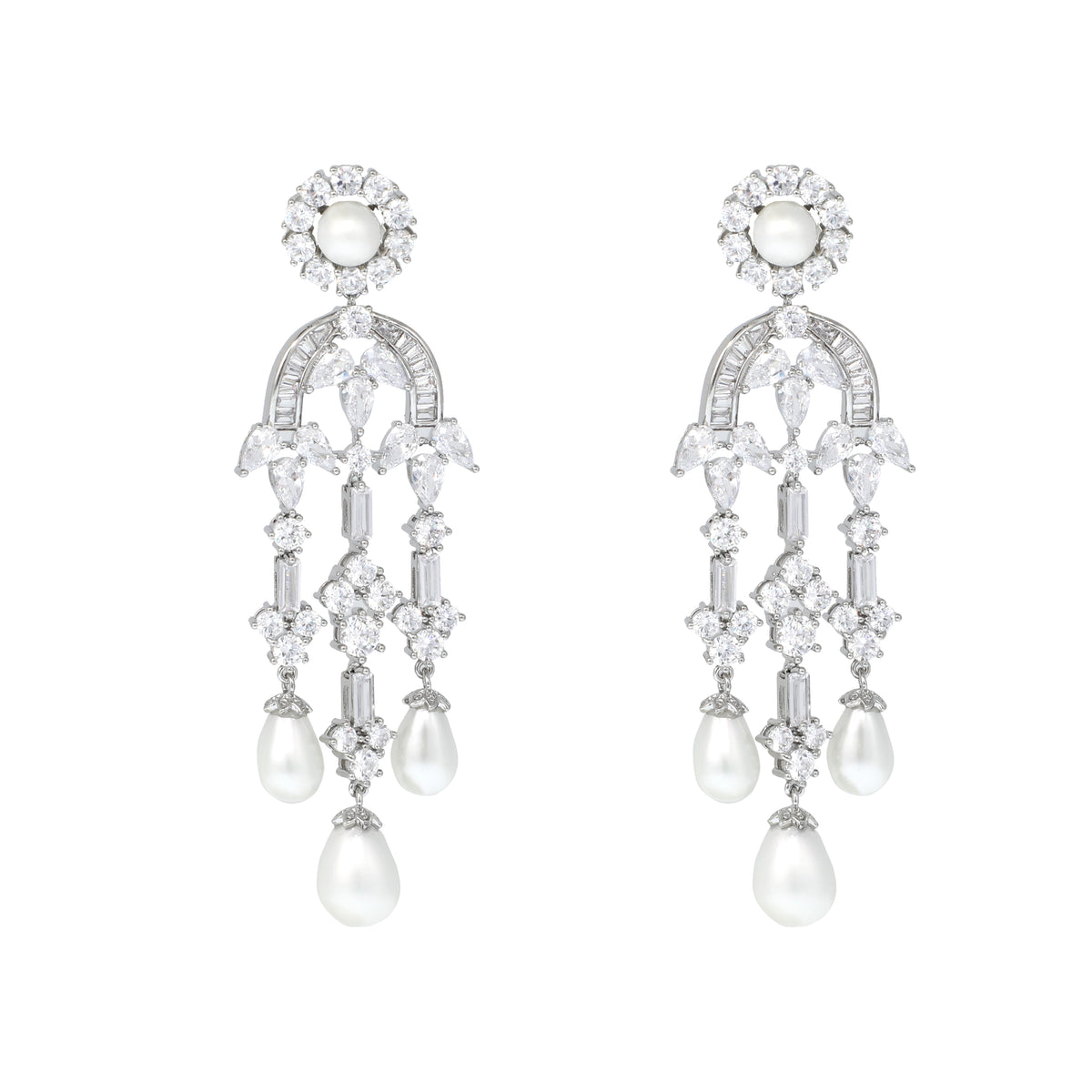 أقراط متدلية مرصعة باللؤلؤ وأحجار الزركون Pearl & Zircon stone Chandelier Earrings