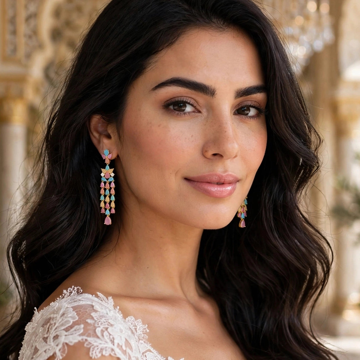 أقراط متدلية باحجار الزركون متعددة الألوان بدرجات الباستيل Multicolor pastel-toned zircon drop earrings