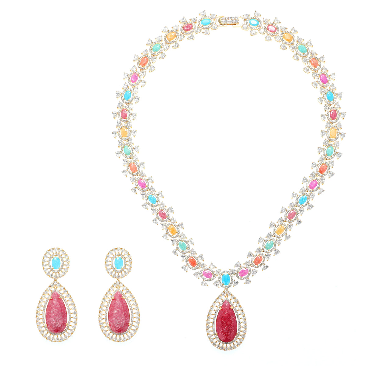 طقم كبير مرصَّع باحجار الزيركون الكيوبِك الملون الفاخر Big set embellished with premium, colorful cubic zirconia stones.