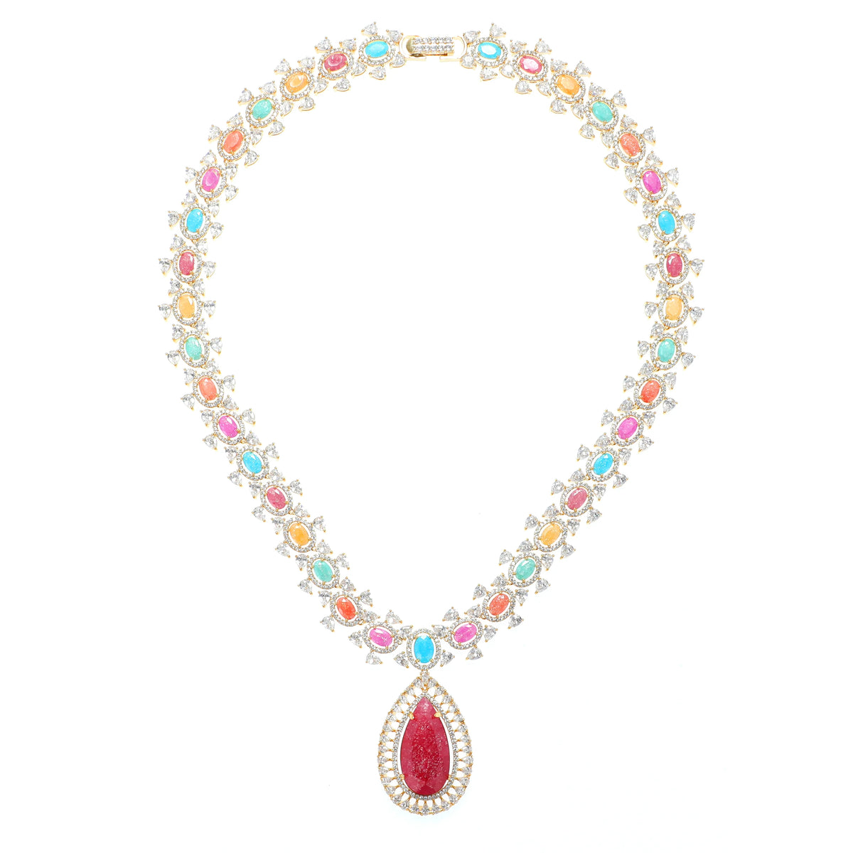 طقم كبير مرصَّع باحجار الزيركون الكيوبِك الملون الفاخر Big set embellished with premium, colorful cubic zirconia stones.