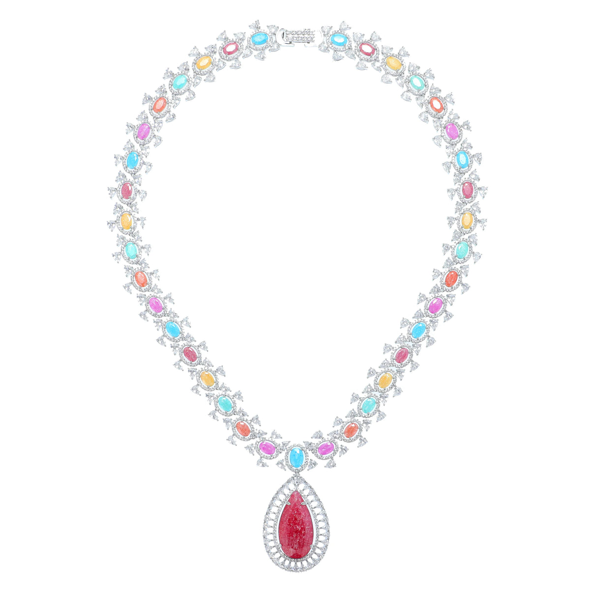 طقم كبير مرصَّع باحجار الزيركون الكيوبِك الملون الفاخر Big set embellished with premium, colorful cubic zirconia stones.