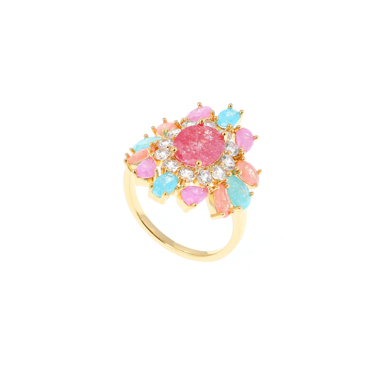 خاتم بتصميم عنقود زهور متعدد الألوان كيوبك Multicolor cubic zirconia floral cluster ring