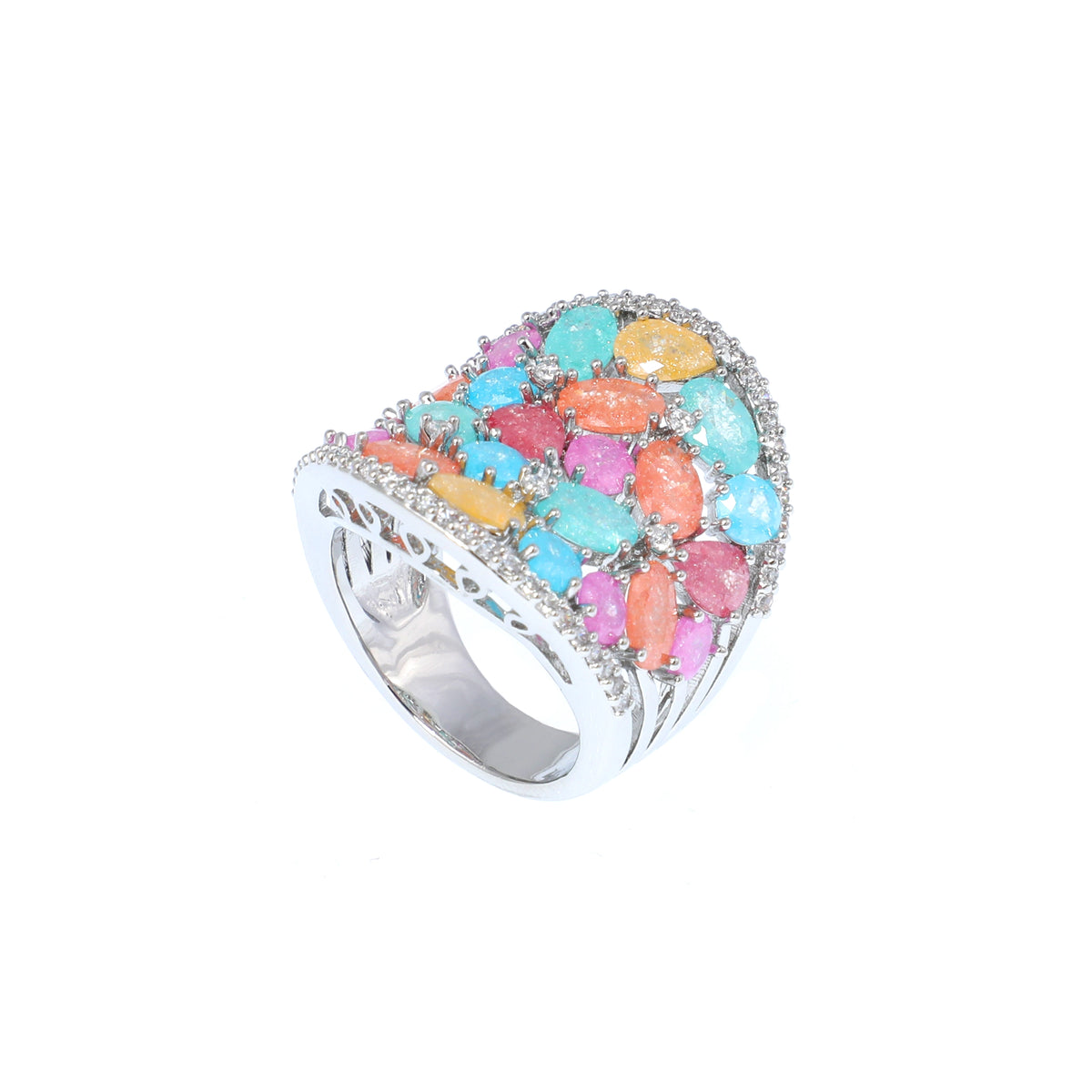 خاتم كوكتيل توتي فروتي باحجار الزركون الكيوبك Tutti Frutti cocktail ring with cubic zirconia stones.