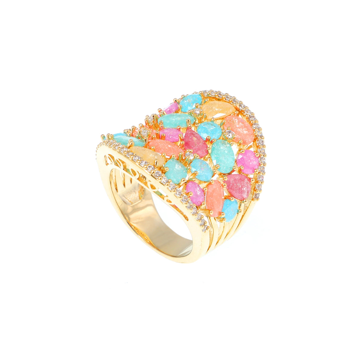 خاتم كوكتيل توتي فروتي باحجار الزركون الكيوبك Tutti Frutti cocktail ring with cubic zirconia stones.