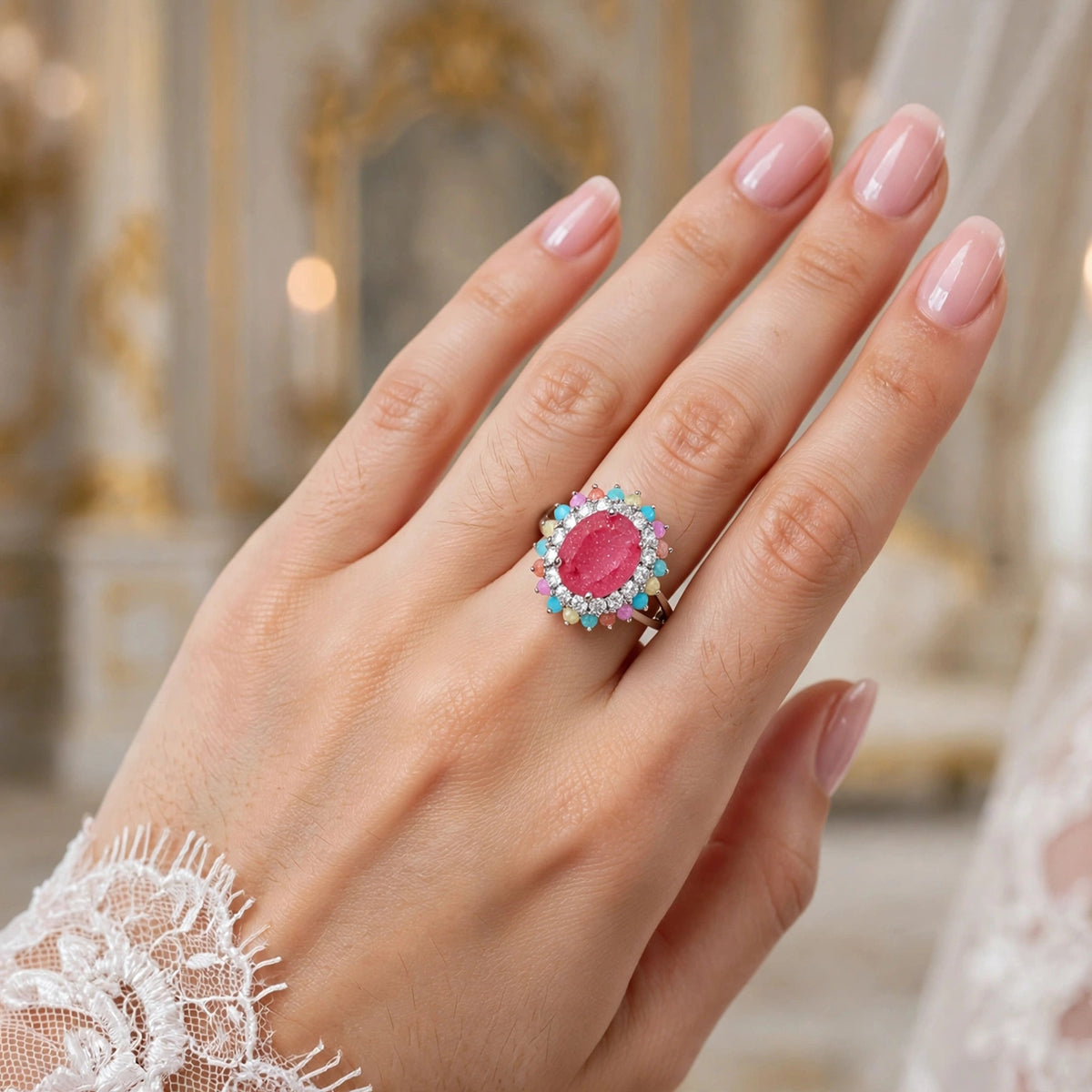 خاتم من الزركون بتصميم عنقودي وهالة مزدوجة Double Halo Cluster Zircon Ring