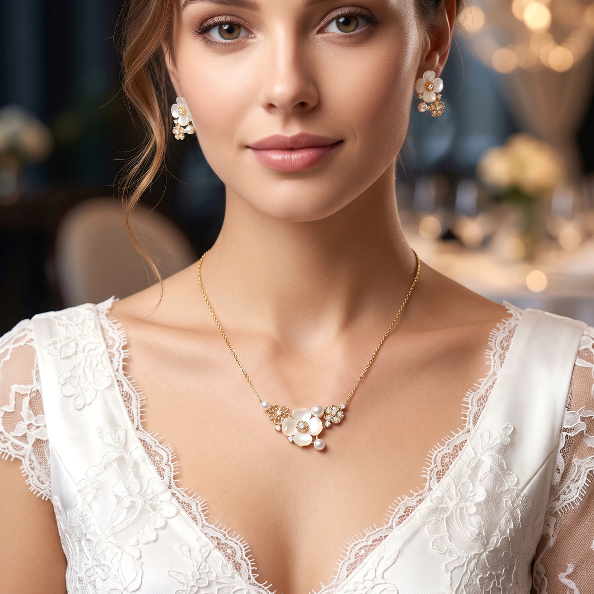 طقم مجوهرات رقيق وأنثوي مستوحى من الطبيعة والأزهار Feminine jewelry set inspired by nature and flowers.