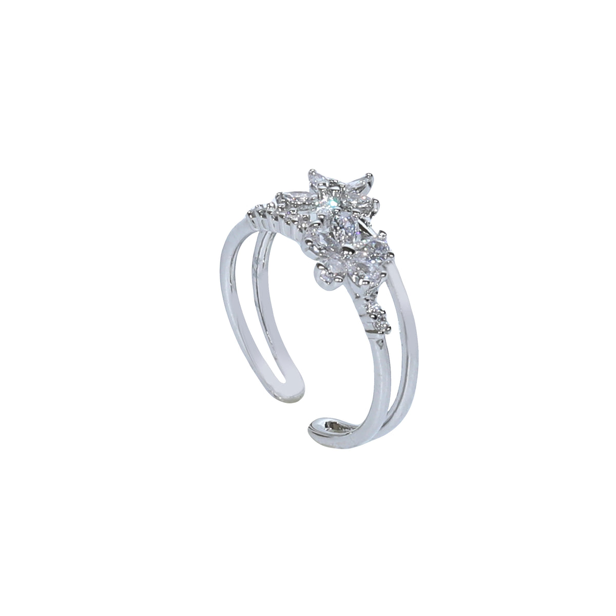 خاتم مزدوج الحلقة بتصميم مفتوح يضم مجموعة من الزهور Double-Band Open Floral Cluster Ring
