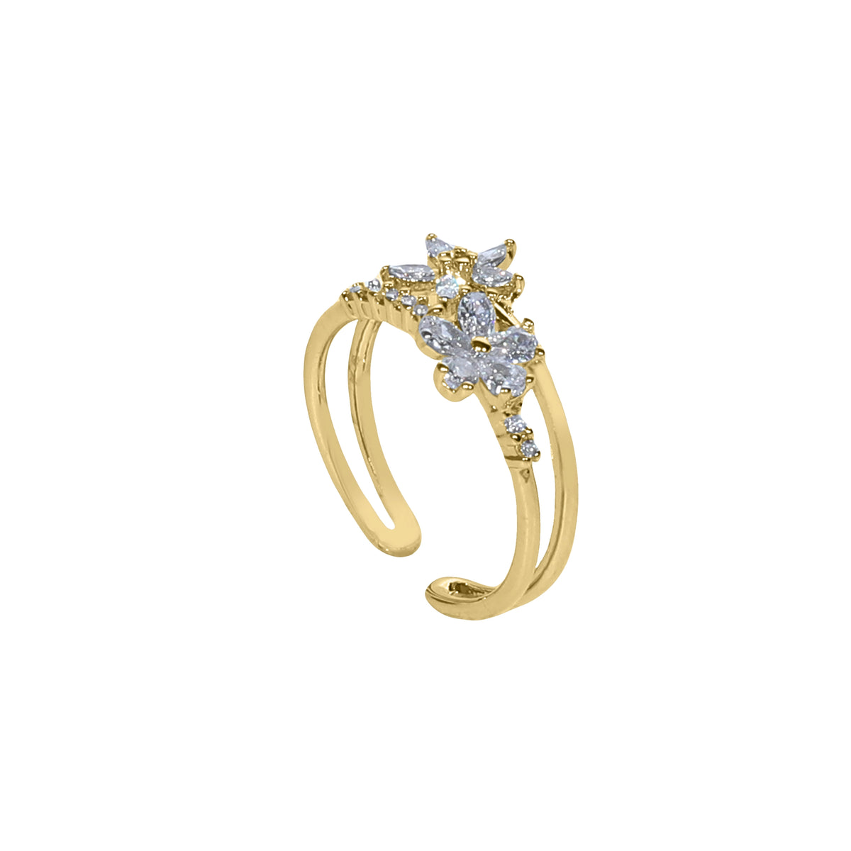 خاتم مزدوج الحلقة بتصميم مفتوح يضم مجموعة من الزهور Double-Band Open Floral Cluster Ring