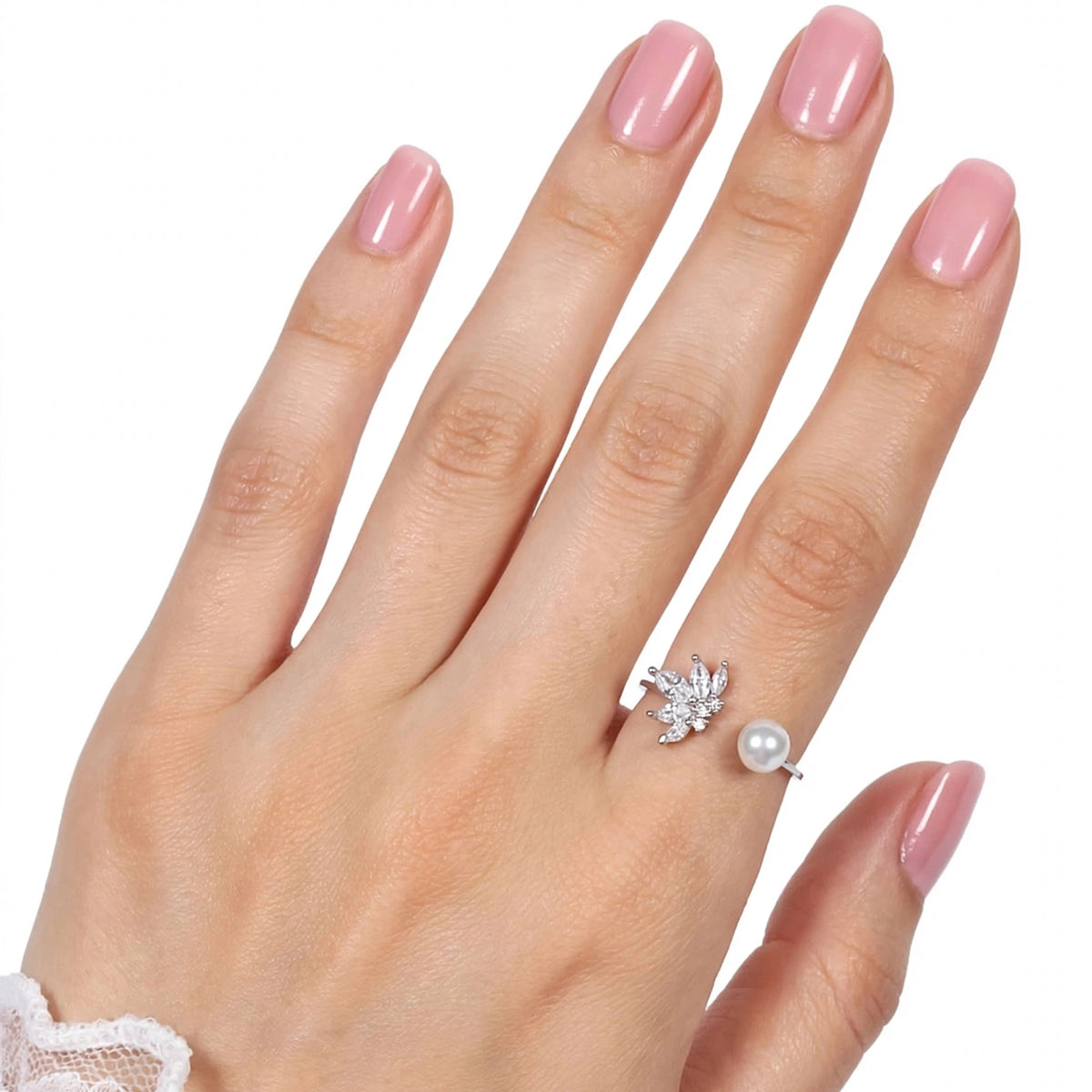 خاتم مفتوح قابل للتعديل مرصع باللؤلؤ والزركون Open Adjustable Pearl & Zircon Ring