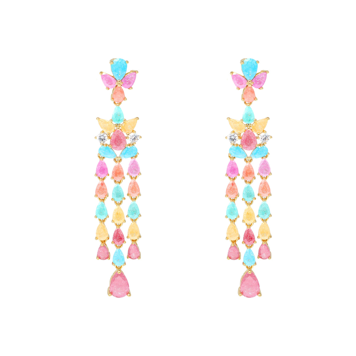 أقراط متدلية باحجار الزركون متعددة الألوان بدرجات الباستيل Multicolor pastel-toned zircon drop earrings
