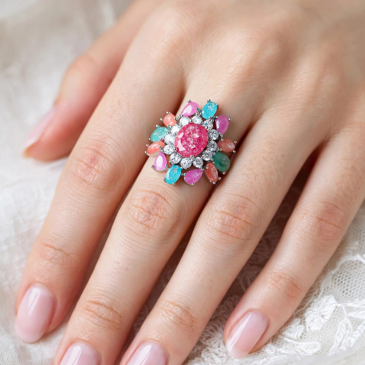 خاتم بتصميم عنقود زهور متعدد الألوان كيوبك Multicolor cubic zirconia floral cluster ring