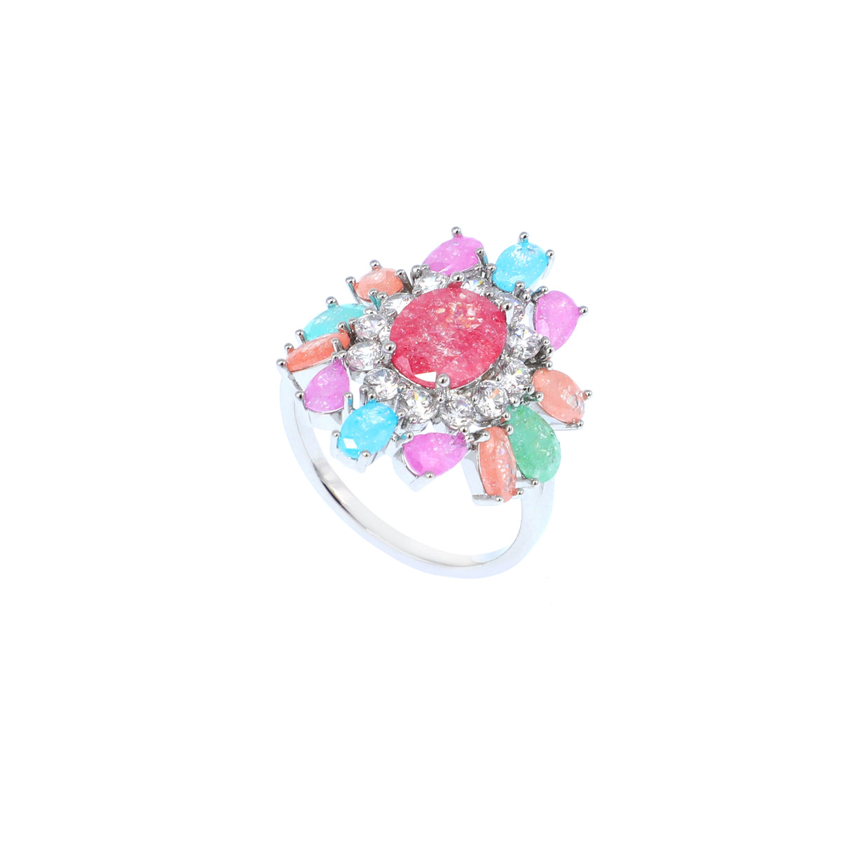 خاتم بتصميم عنقود زهور متعدد الألوان كيوبك Multicolor cubic zirconia floral cluster ring